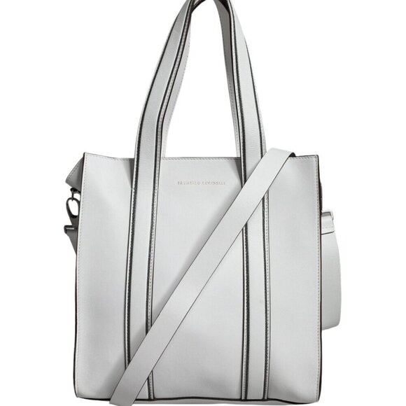 Brunello Cucinelli White Leather Logo Shoulder Strap Shopping Tote Bag/one size